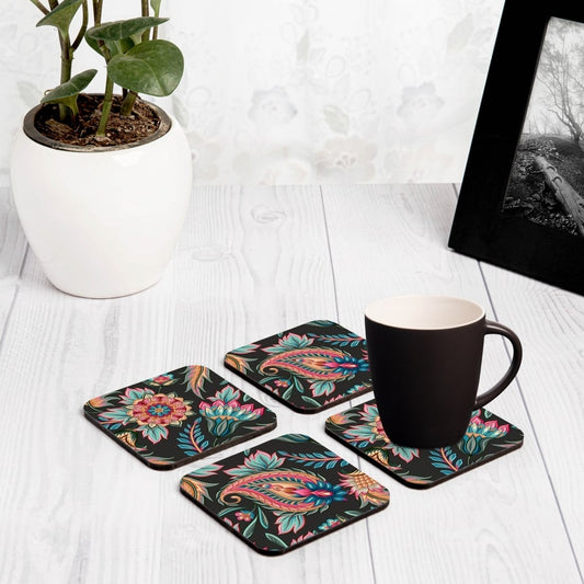 Oriental Paisley Black 4 piece Coaster Set 3.75" x 3.75"