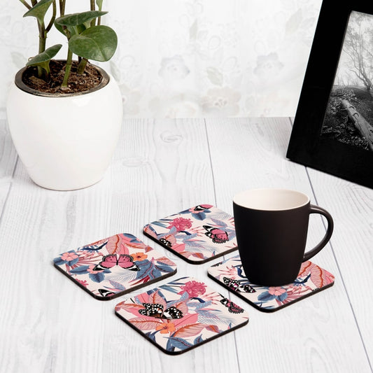 Grey Pink Butterflies 4 piece Coaster Set 3.75" x 3.75"