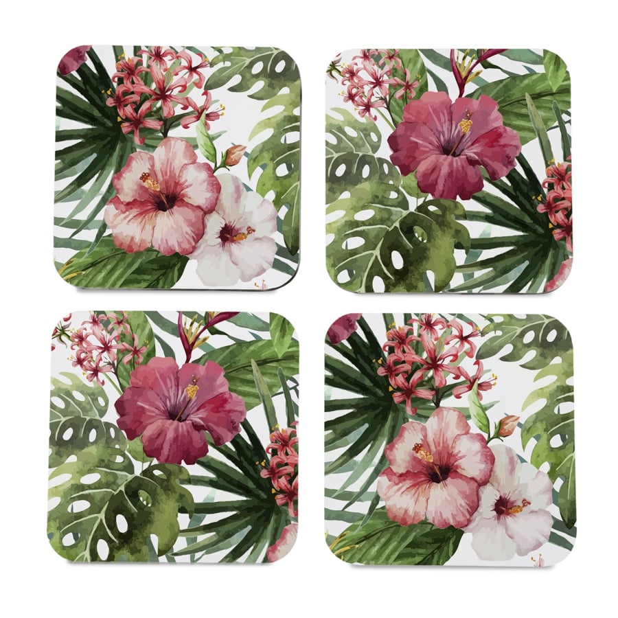 Tropical Hibiscus 4 piece Coaster Set 3.75" x 3.75"