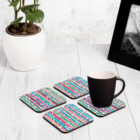 Floral Stripes 4 piece Coaster Set 3.75" x 3.75"