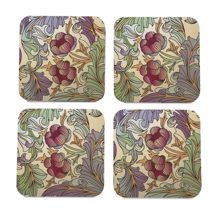Ornate Floral 4 piece Coaster Set 3.75" x 3.75"