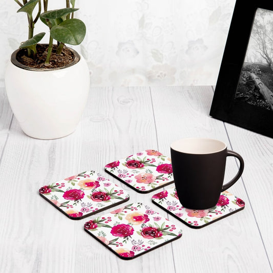 Pink Flowers 4 piece Coaster Set 3.75" x 3.75"