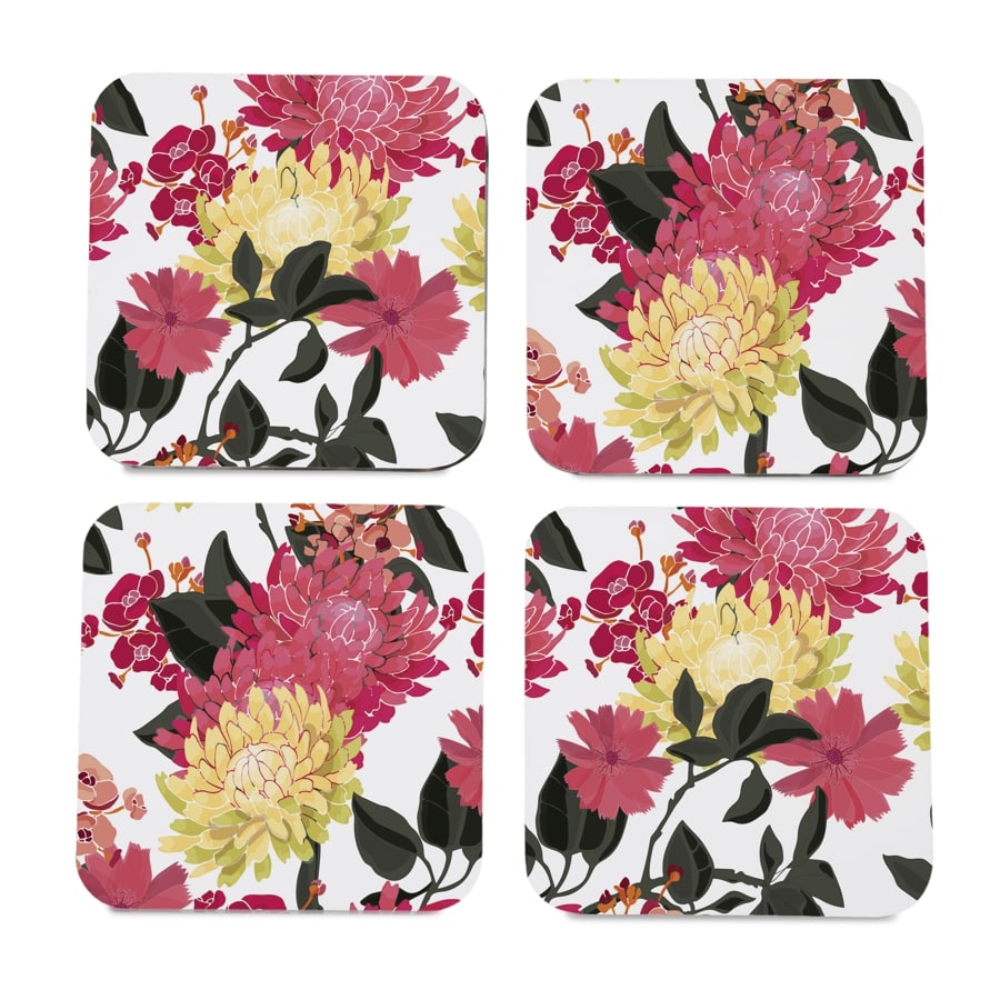 Ava Floral 4 piece Coaster Set 3.75" x 3.75"