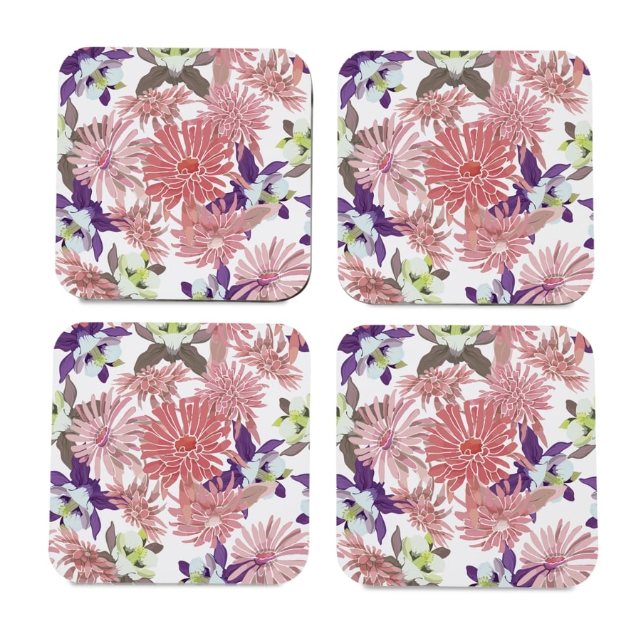 Pink Asters 4 piece Coaster Set 3.75" x 3.75"