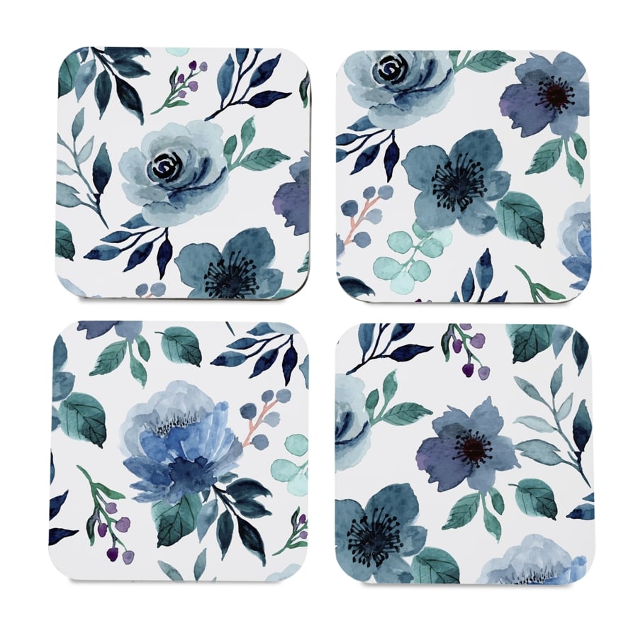Indigo Flowers 4 piece Coaster Set 3.75" x 3.75"