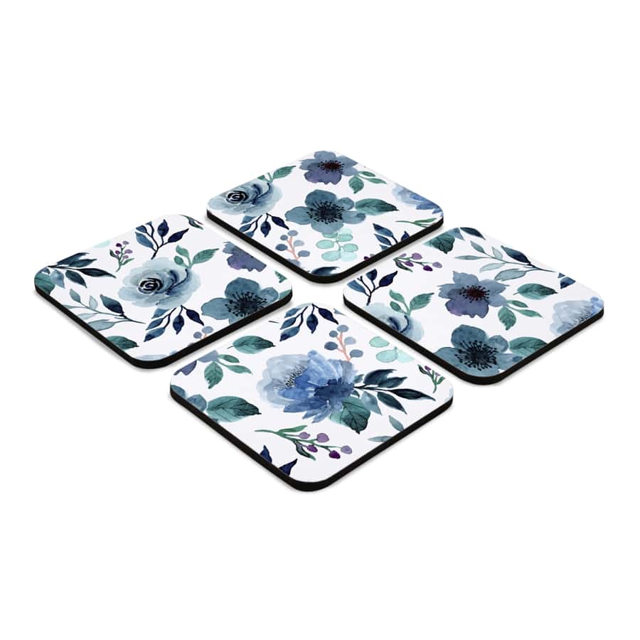 Indigo Flowers 4 piece Coaster Set 3.75" x 3.75"