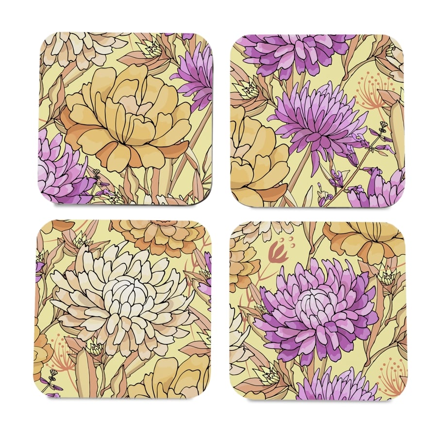 Maya Floral 4 piece Coaster Set 3.75" x 3.75"