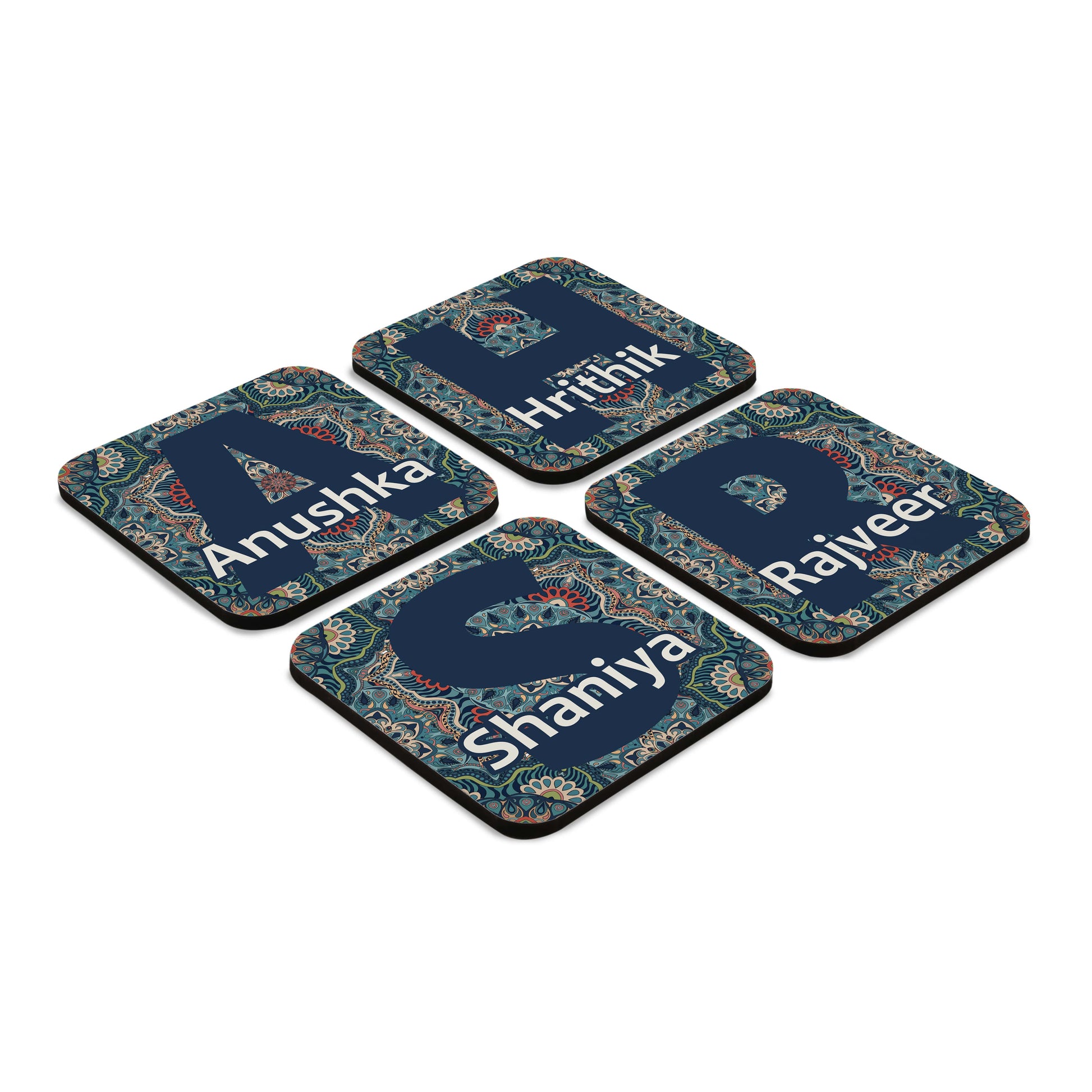 Set of 4 Personalised Coasters in Sheesha Design, Size 3.75" x 3.75" - Angled Image