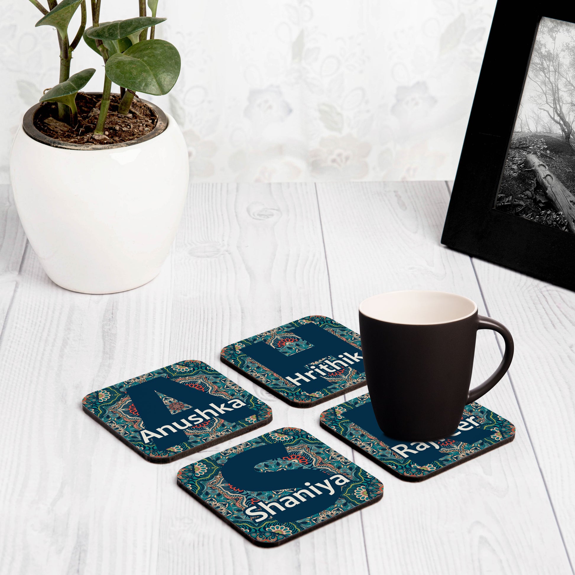 Set of 4 Personalised Coasters in Sheesha Design, Size 3.75" x 3.75" - Lifestyle Image