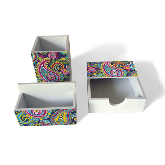 Blue Paisley 3 Piece Desk Organiser