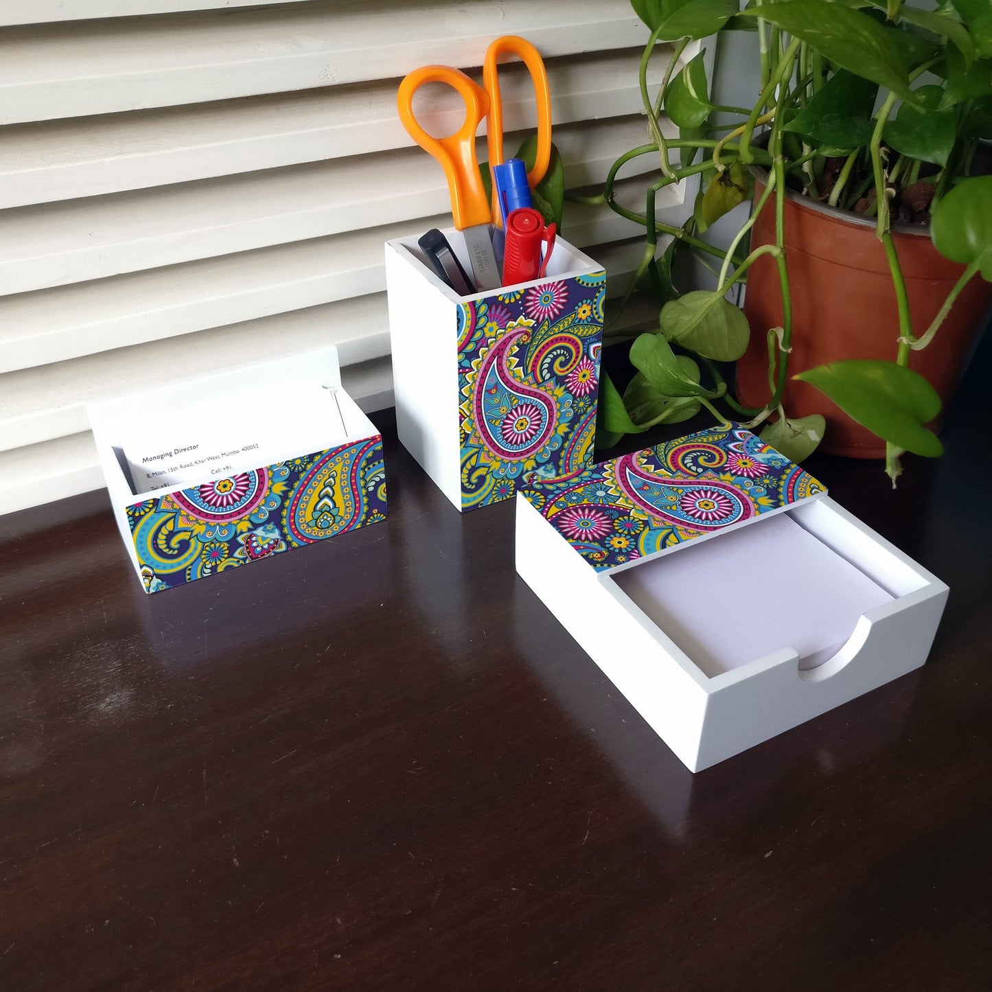 Blue Paisley 3 Piece Desk Organiser