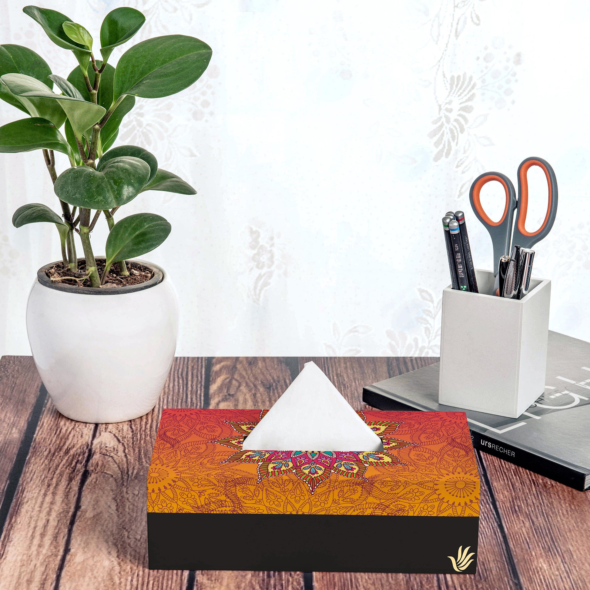Orange Mandala Tissue Box 9" x 5" x 2.75" Lifestyle Photo