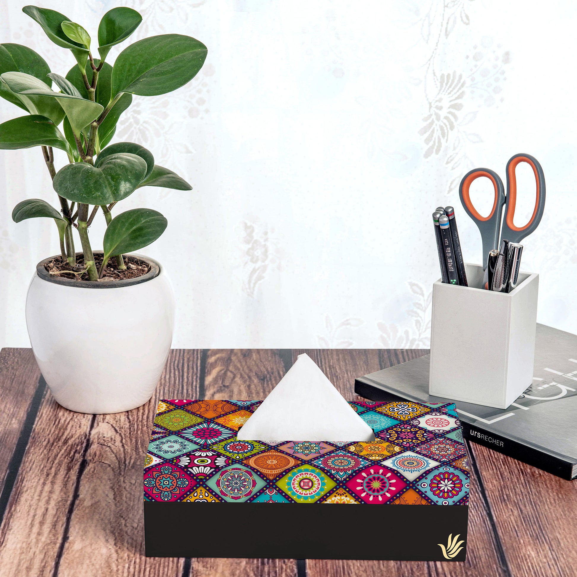 Multi Mandala Tissue Box 9" x 5" x 2.75" Lifestyle Photo