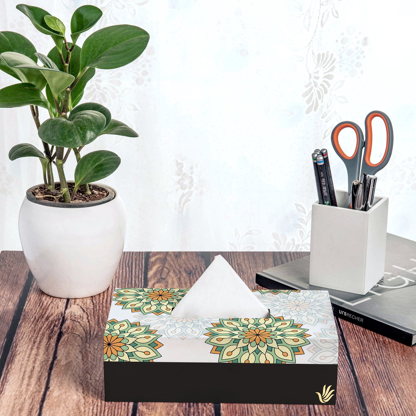 Green Mandala Tissue Box 9" x 5" x 2.75" Lifestyle Photo
