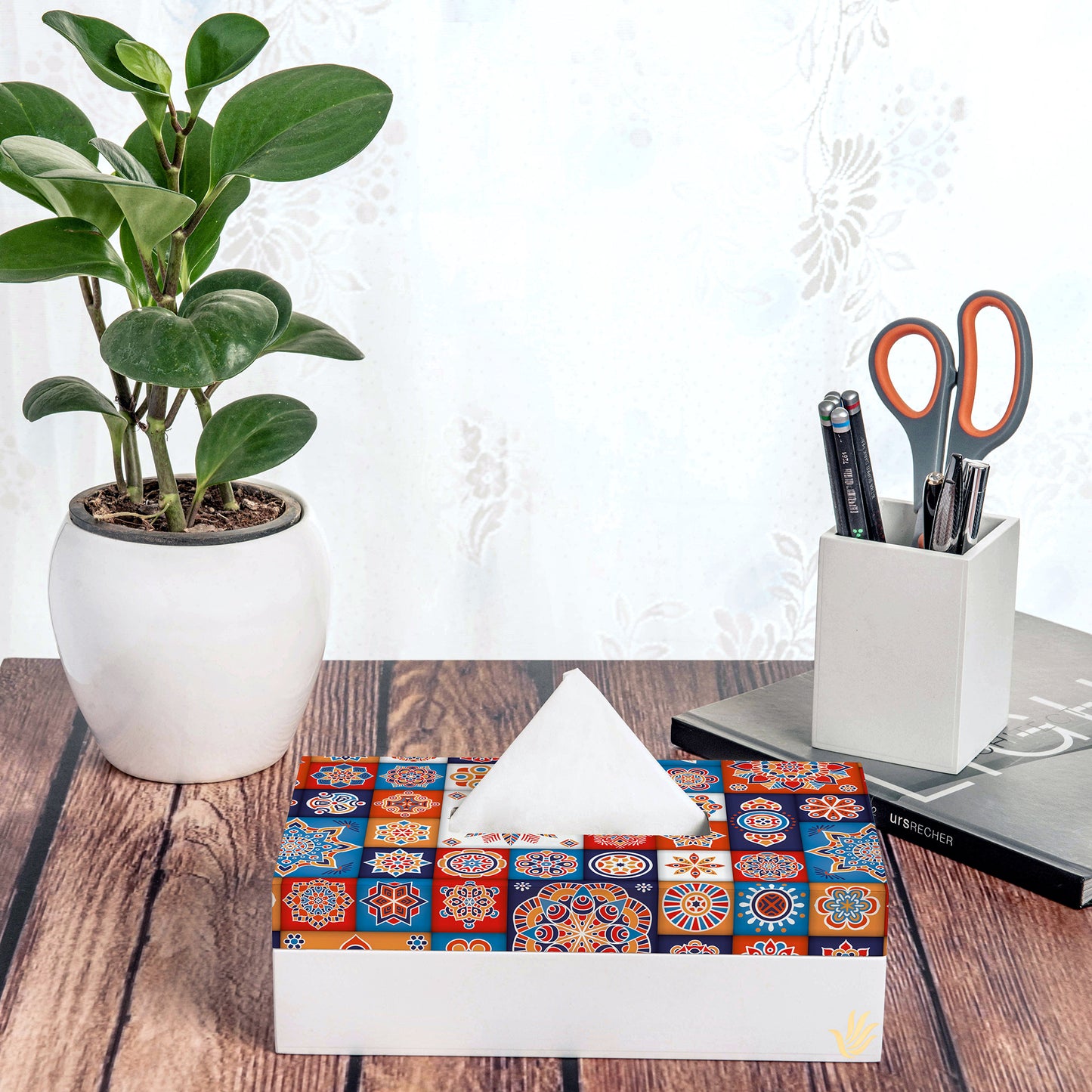 Floral Tiles Tissue Box 9" x 5" x 2.75" Lifestyle Photo 