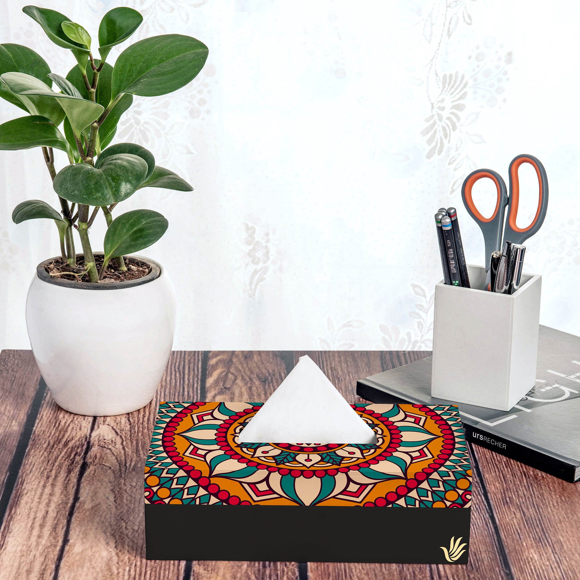 Red Mandala Tissue Box 9" x 5" x 2.75" Ht. - Lifestyle Image