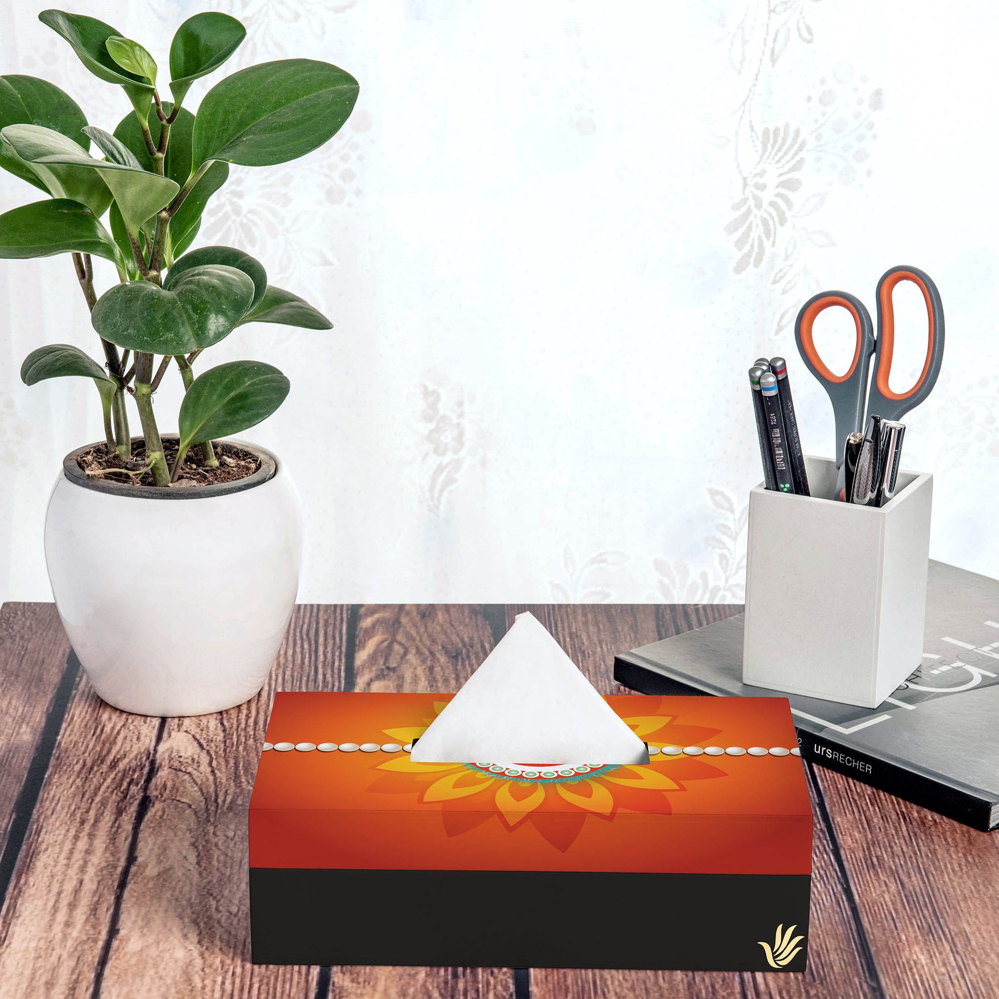 Rakhi Pearls Orange Tissue Box 9" x 5" x 2.75" Ht. - Lifestyle Image