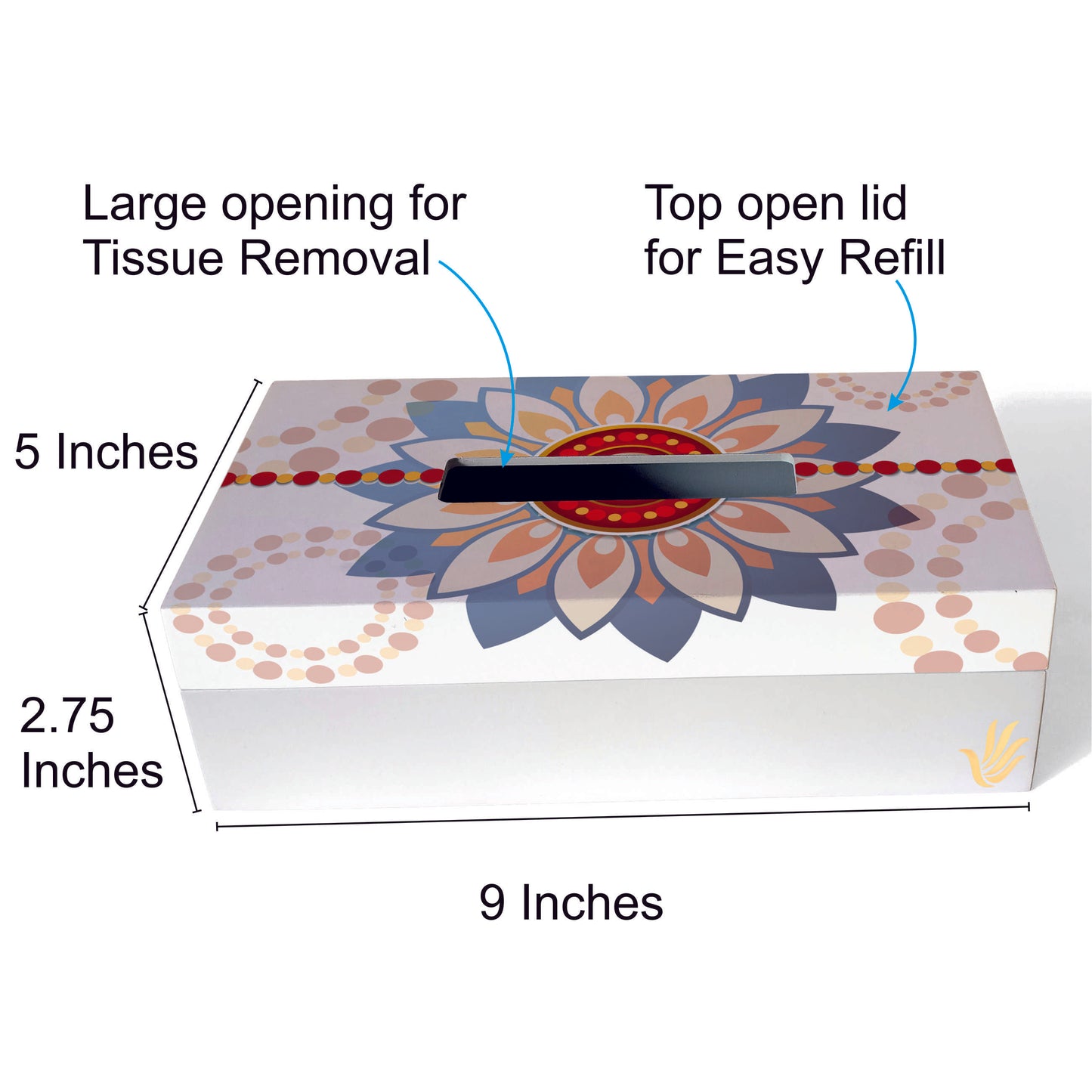 Rakhee Blue Tissue Box 9" x 5" x  2.75" Ht. - Dimension Image