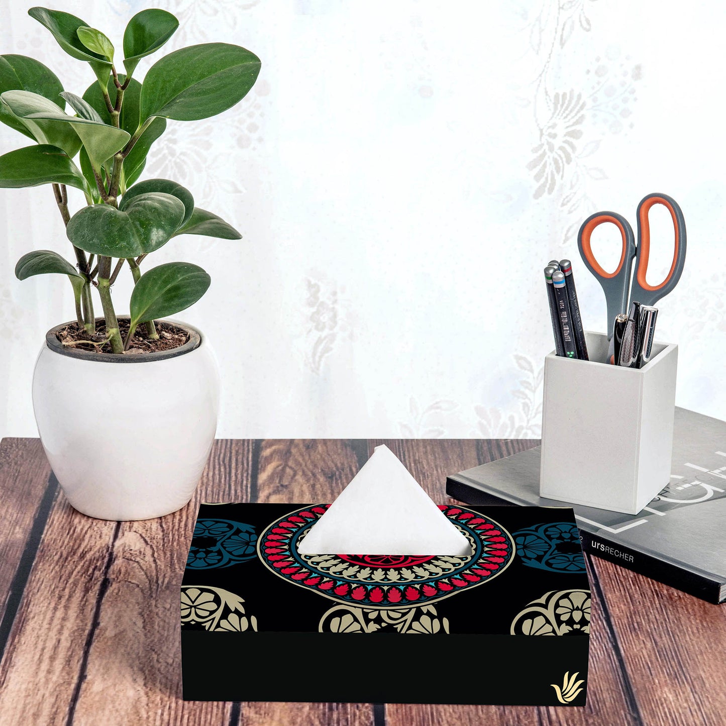 Black Mandala Tissue Box 9" x 5" x 2.75" Ht. - Lifestyle Image