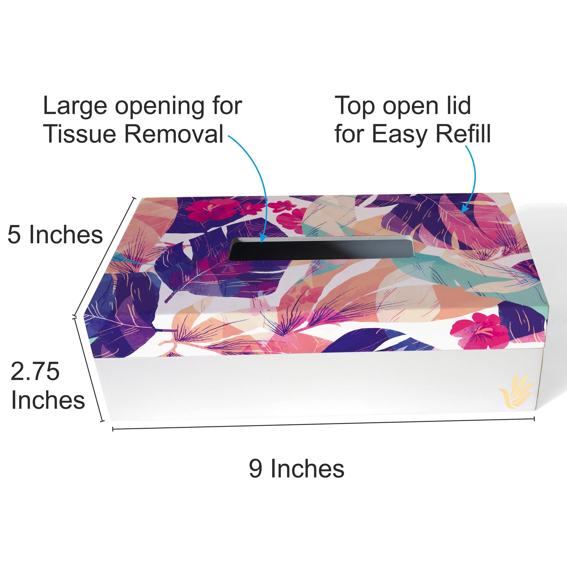 Floral Hibiscus Tissue Box 9" x 5" x 2.75" Ht. - Dimension Image