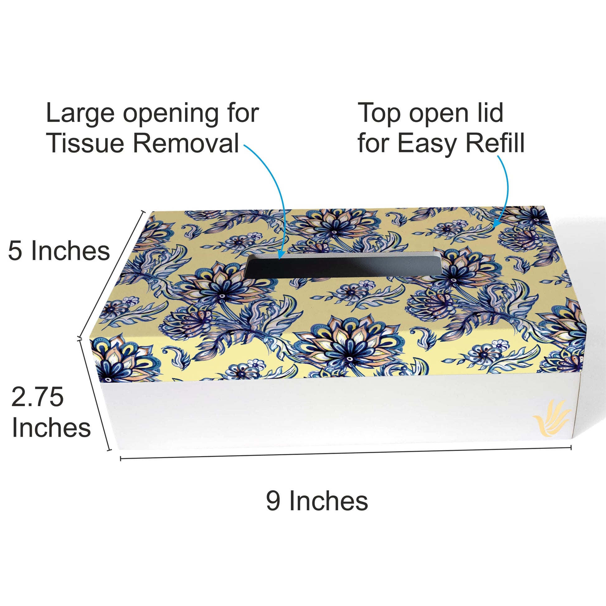 Batik Blue Tissue Box 9" x 5" x 2.75" Ht. - Dimension Image