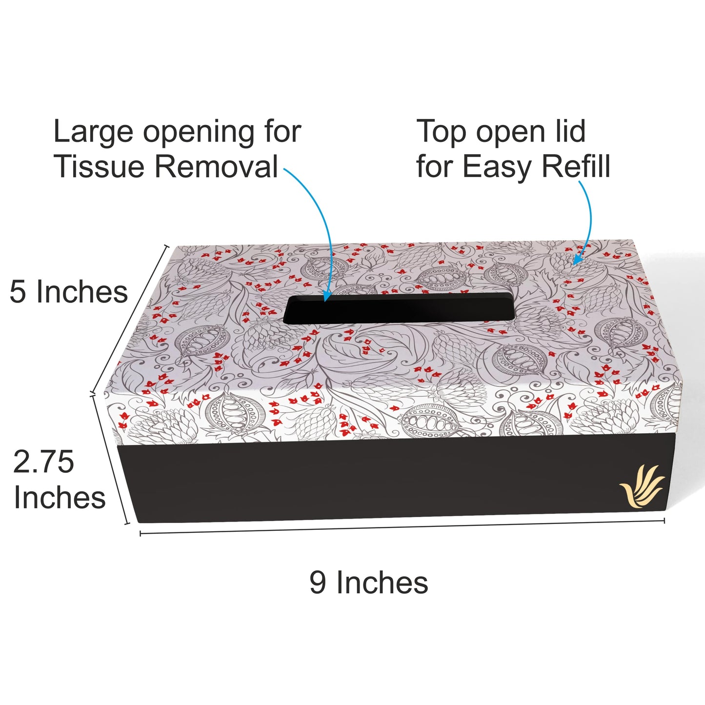 Pomegranate Tissue Box 9" x 5" x 2.75" Ht. - Dimension Image