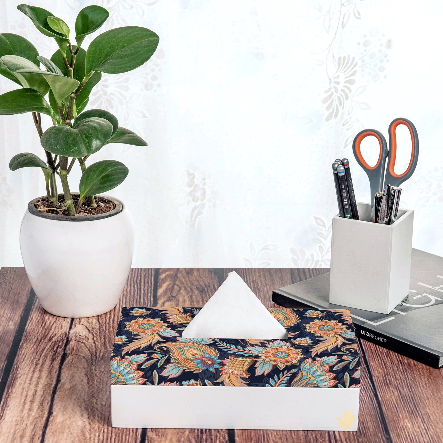 Oriental Paisley Navy Tissue Box 9" x 5" x 2.75" Ht. - Lifestyle Image