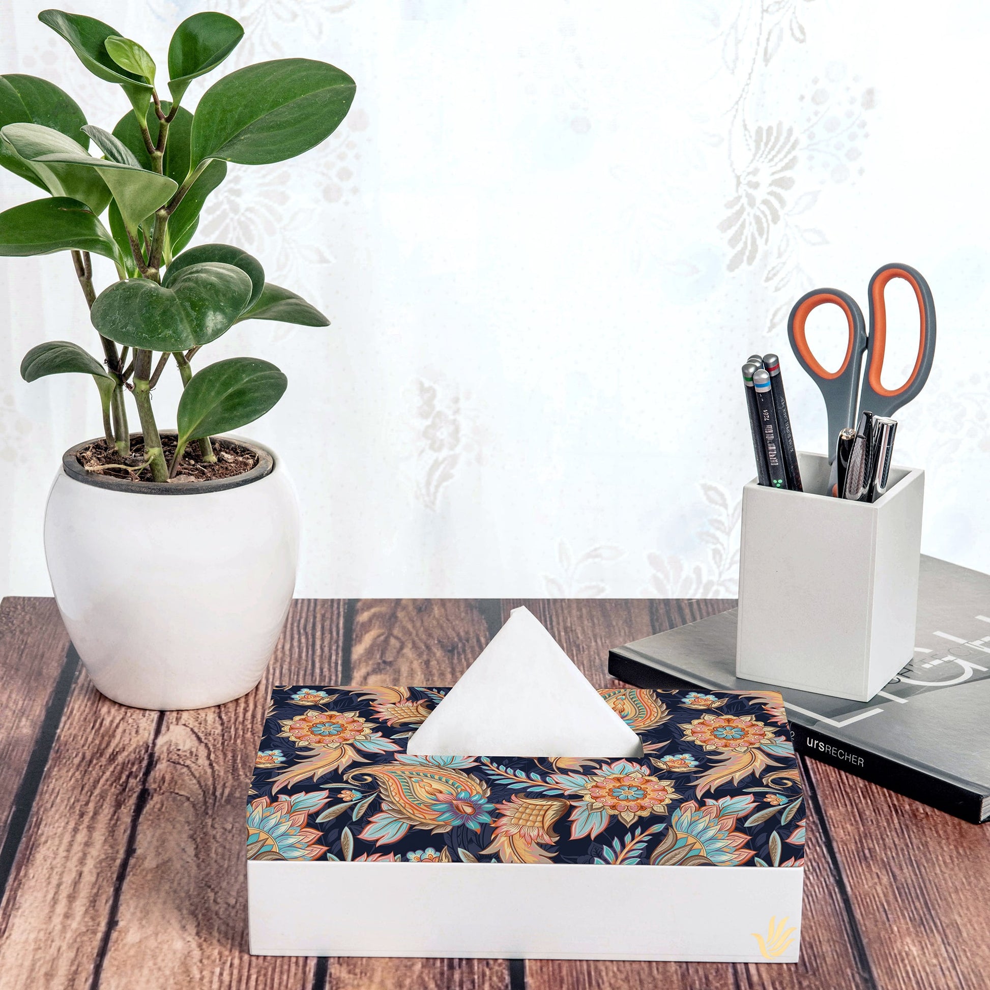 Oriental Paisley Navy Tissue Box 9" x 5" x 2.75" Ht. - Lifestyle Image