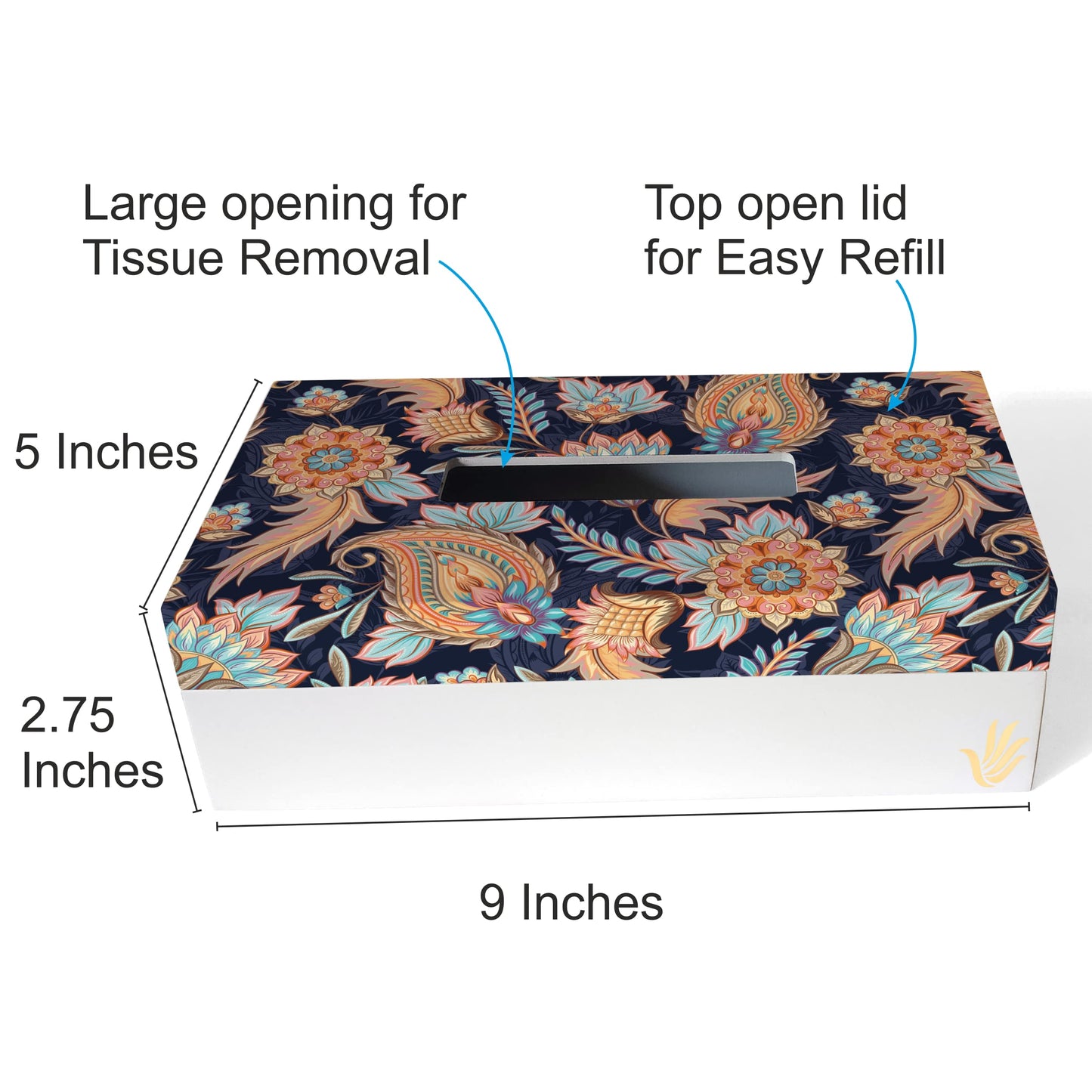 Oriental Paisley Navy Tissue Box 9" x 5" x 2.75" Ht. - Dimension Image