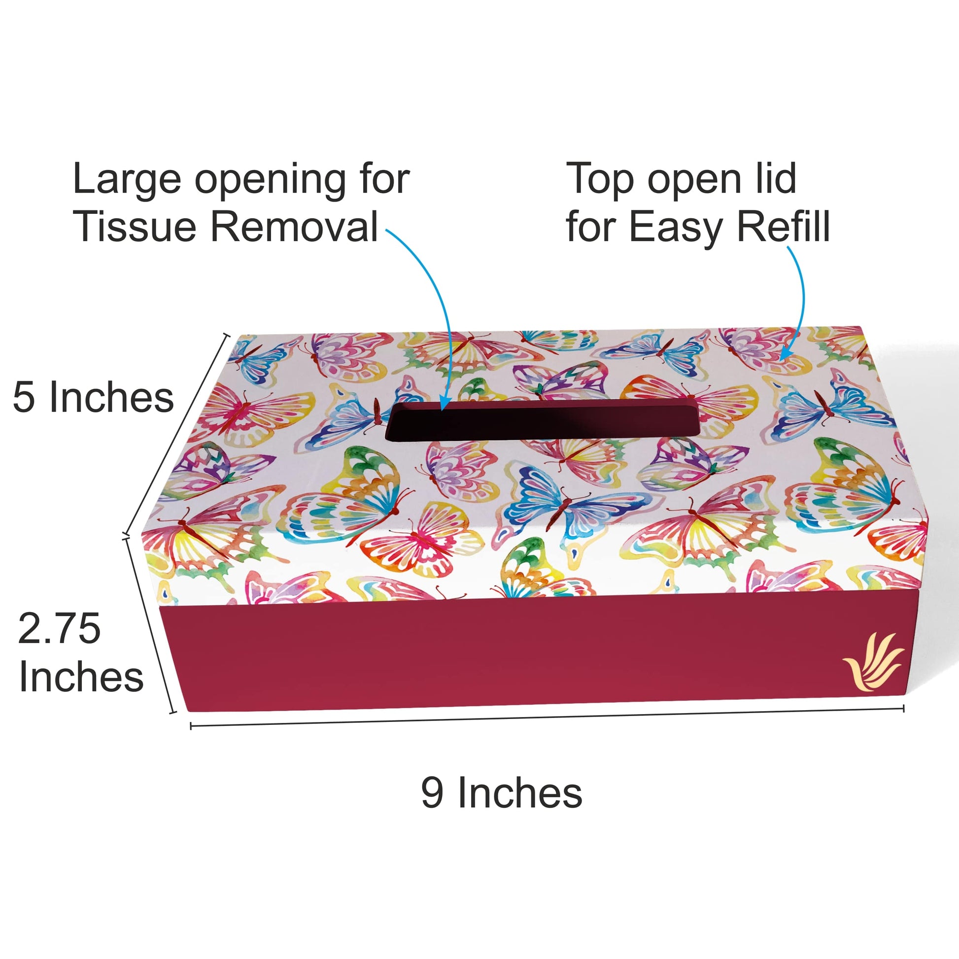Watercolour Butterflies R Tissue Box 9" x 5" x 2.75" Ht. - Dimension Image