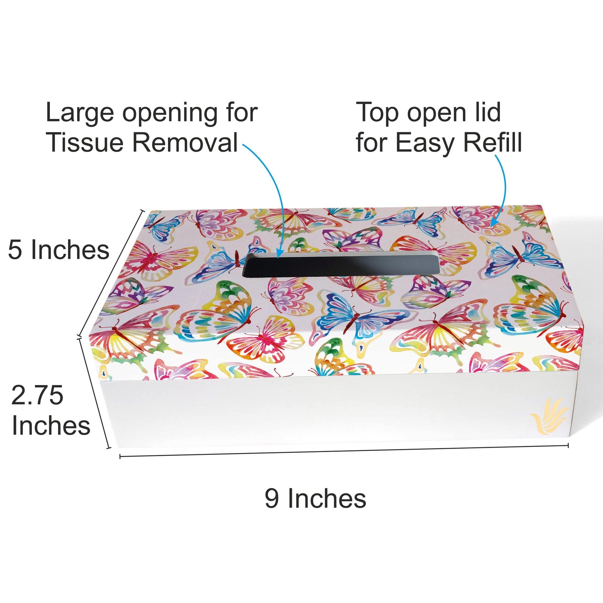 Watercolour Butterflies W Tissue Box 9" x 5" x 2.75" Ht. - Dimension Image