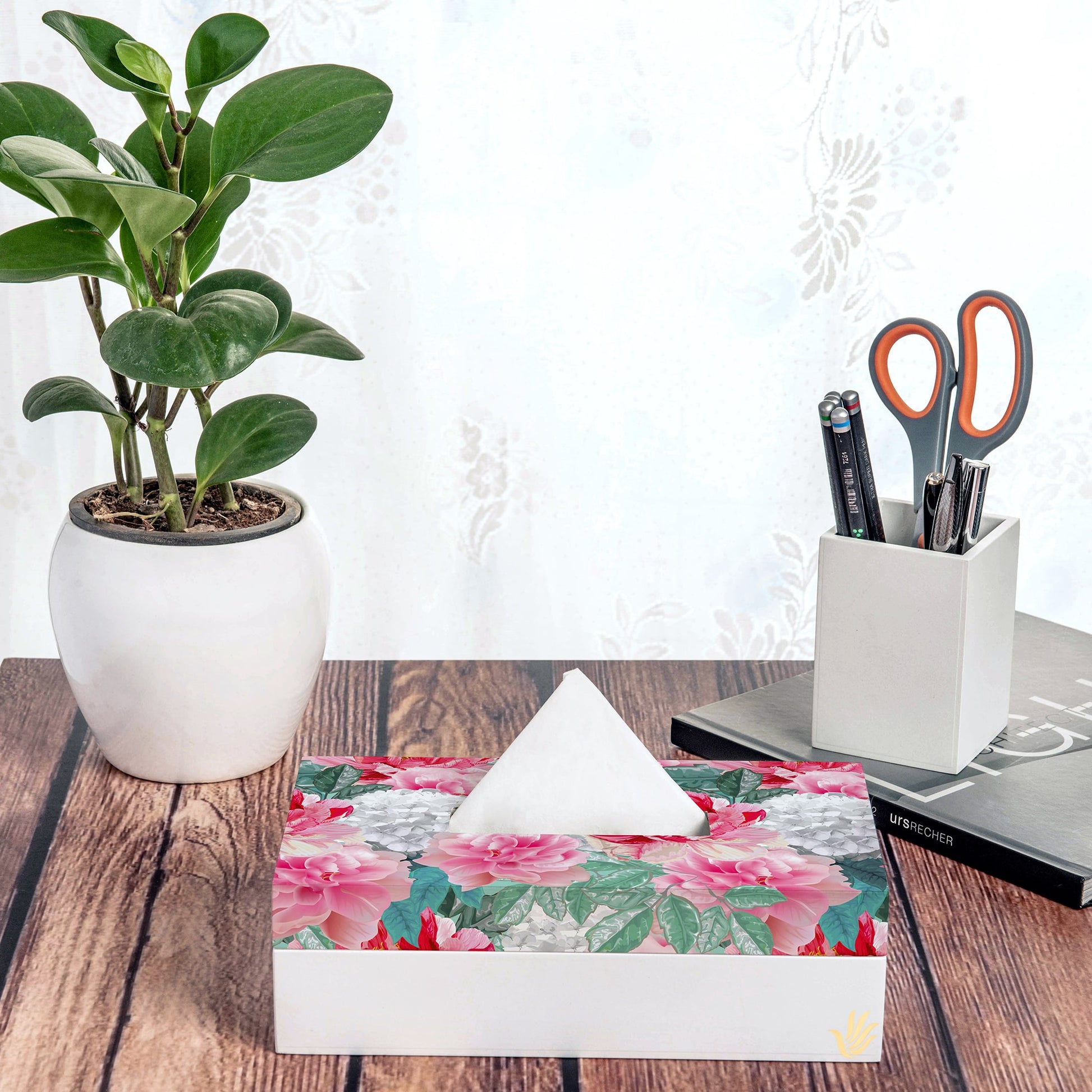 Red Chrysanthemums W Tissue Box 9" x 5" x 2.75" Ht. - Lifestyle Image
