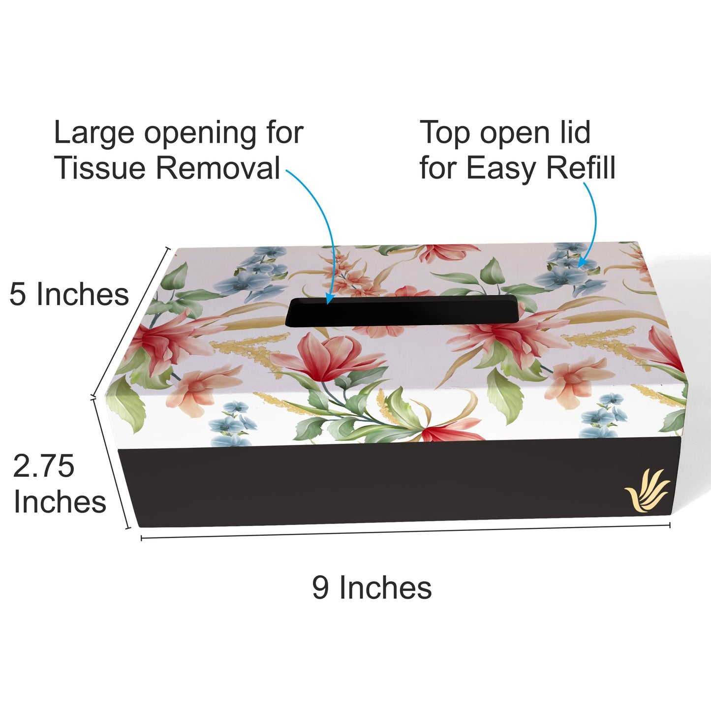 Magnolia Tissue Box 9" x 5" x 2.75" Ht. - Dimension Image