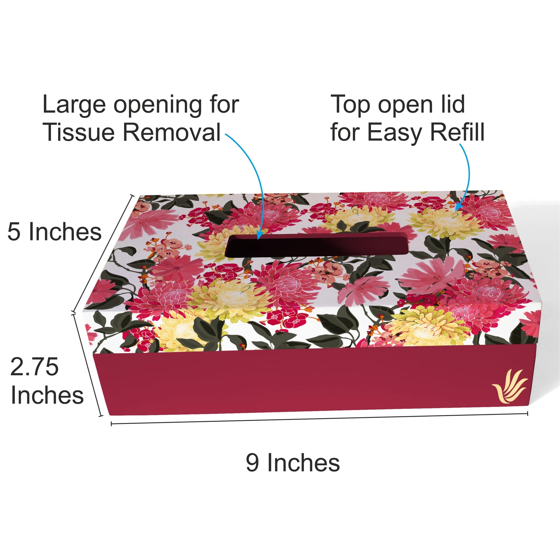 Ava Floral R Tissue Box 9" x 5" x 2.75" Ht. - Dimension Image