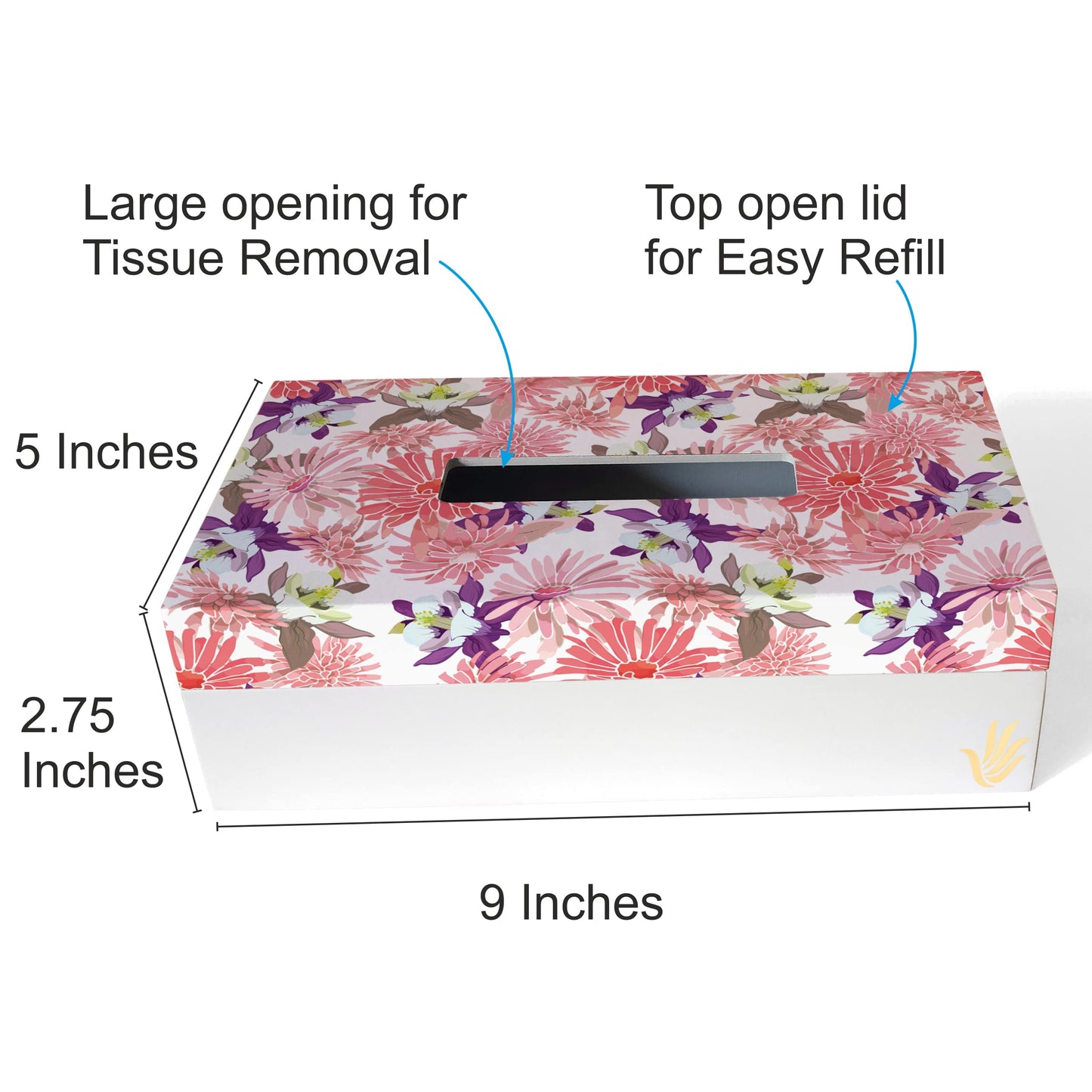 Pink Asters Tissue Box 9" x 5" x 2.75" Ht. - Dimension Image