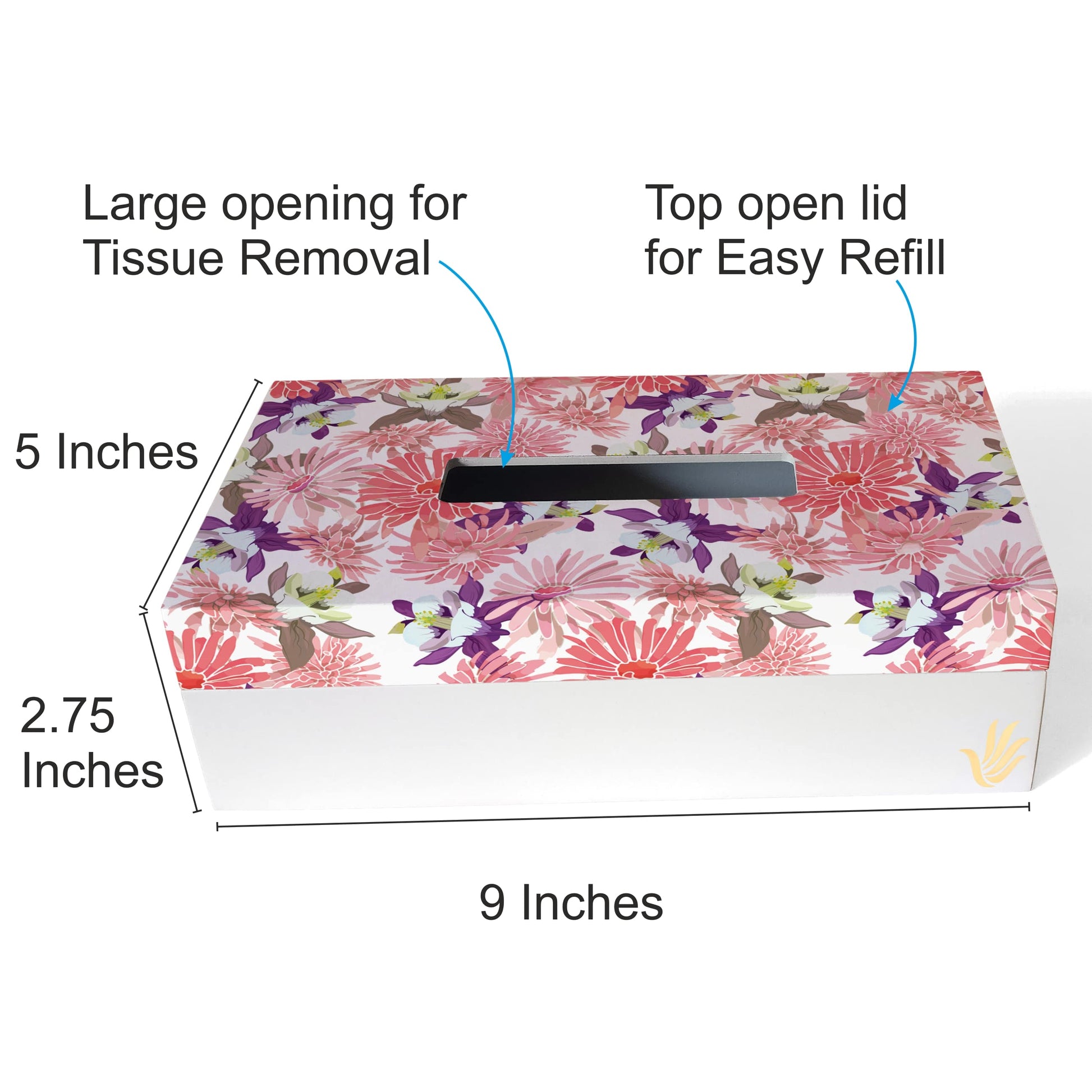 Pink Asters Tissue Box 9" x 5" x 2.75" Ht. - Dimension Image