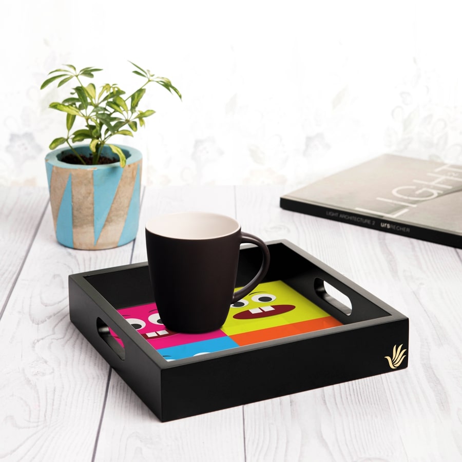 Emoji Serving Tray with Cutout Handles (Wood) 9" x 9"