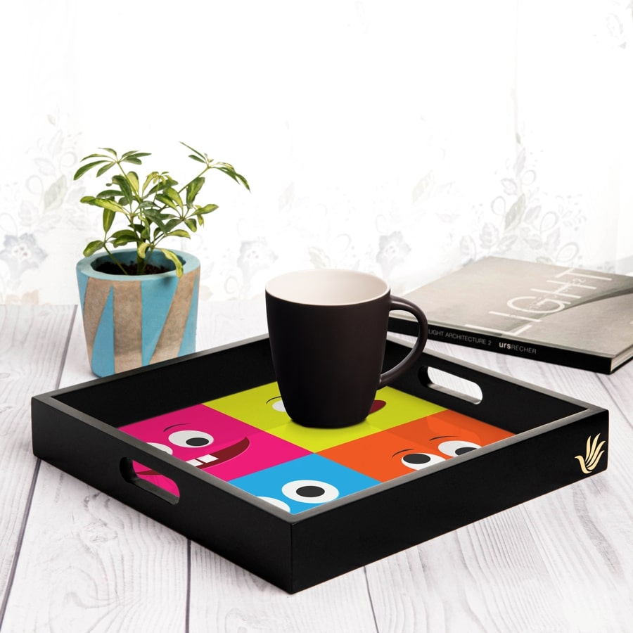Emoji Serving Tray with Cutout Handles (Wood) 12" x 12"