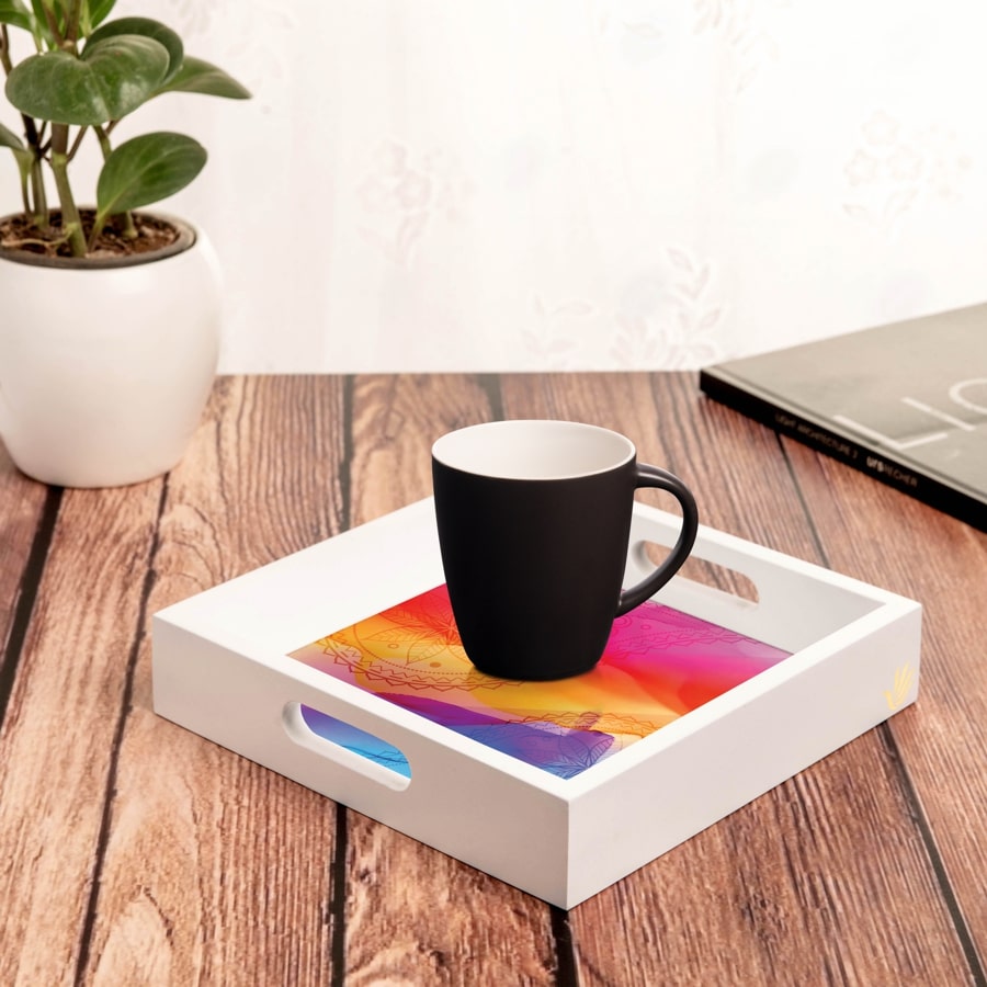 Multi Watercolour Serving Tray with Cutout Handles (Wood) 9" x 9"
