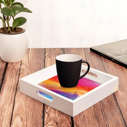 Multi Watercolour Serving Tray with Cutout Handles (Wood) 9" x 9"