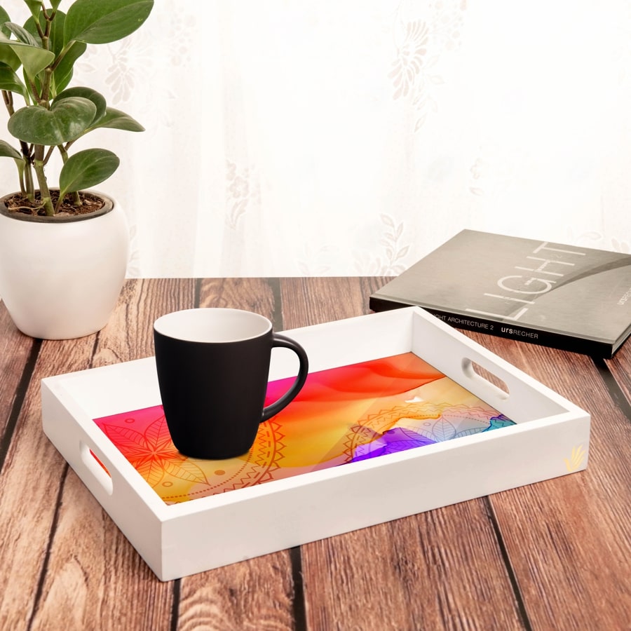 Multi Watercolour Serving Tray with Cutout Handles (Wood) 10" x 14"