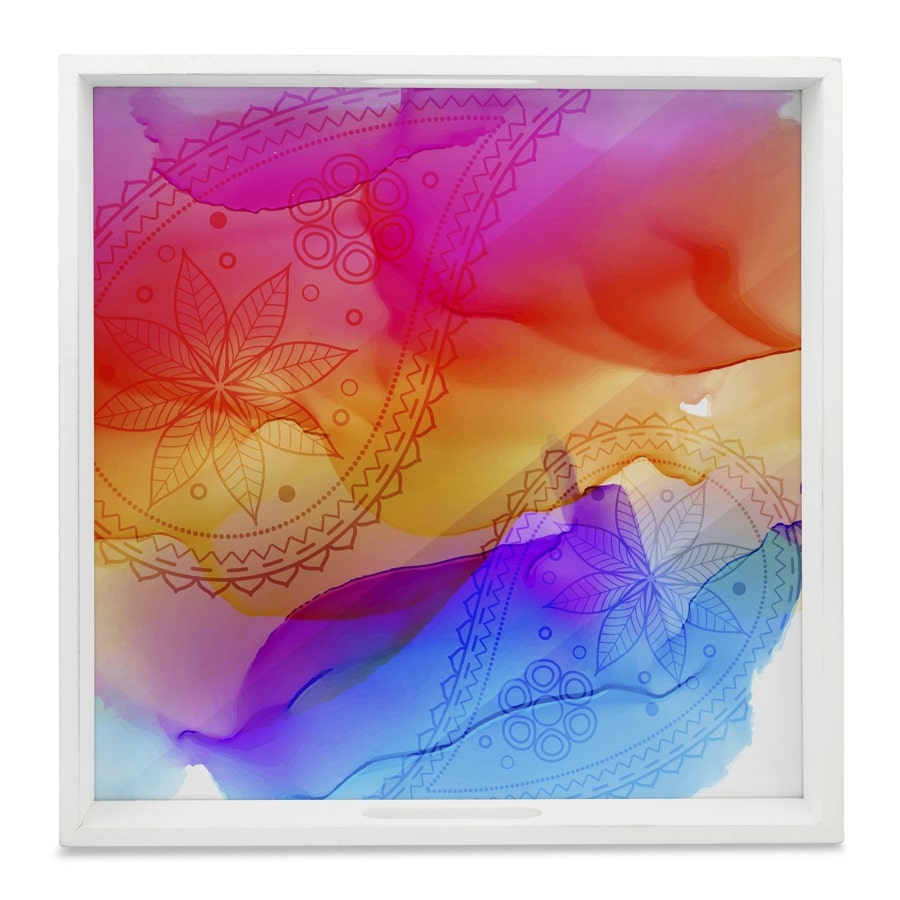 Multi Watercolour Serving Tray with Cutout Handles (Wood) 12" x 12"