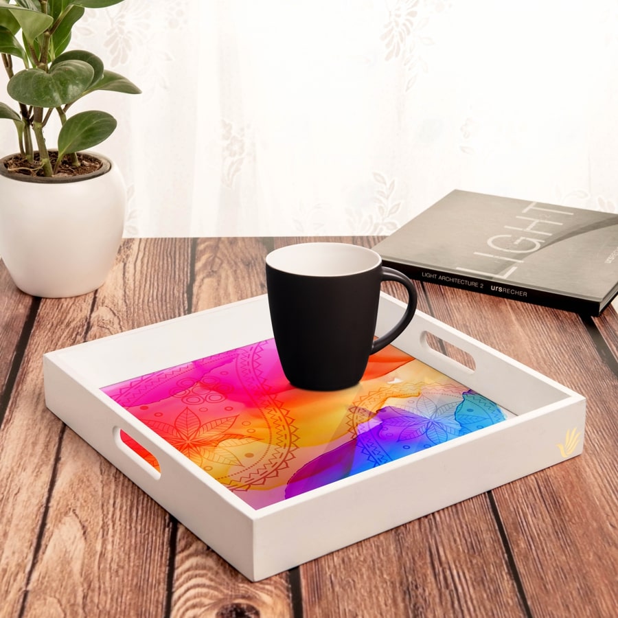 Multi Watercolour Serving Tray with Cutout Handles (Wood) 12" x 12"