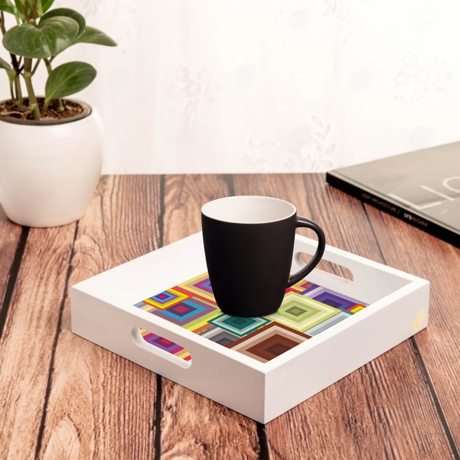 Colourful Squares Serving Tray with Cutout Handles (Wood) 9" x 9"
