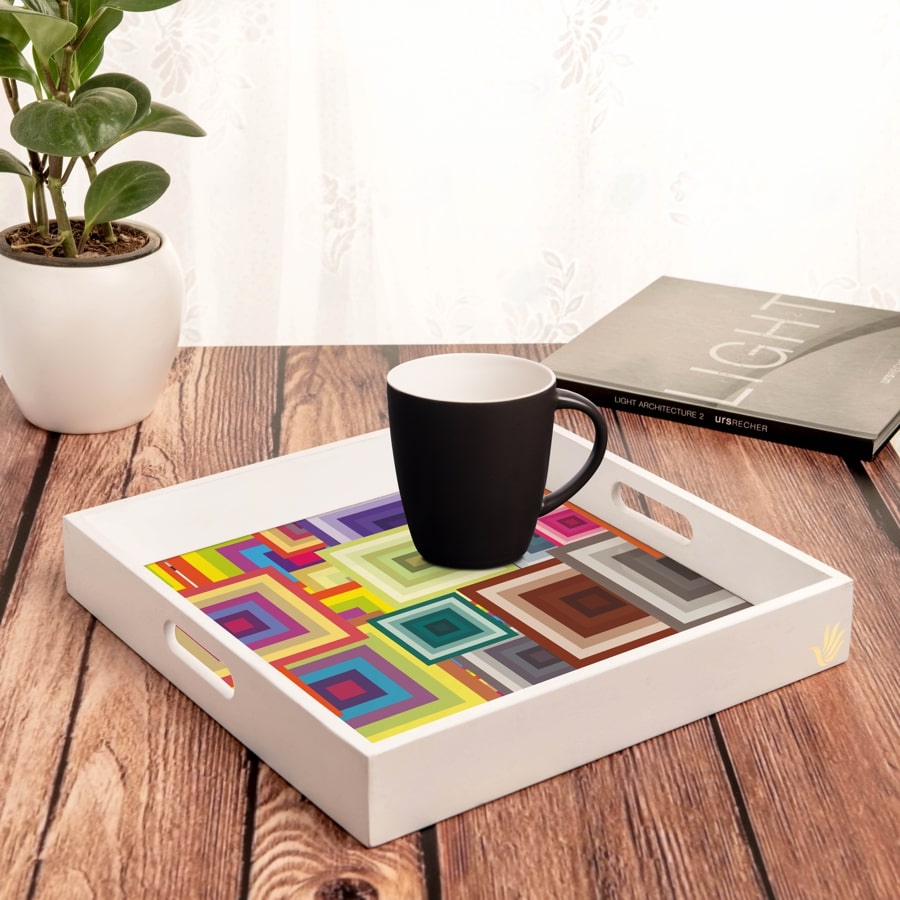 Colourful Squares Serving Tray with Cutout Handles (Wood) 12" x 12"