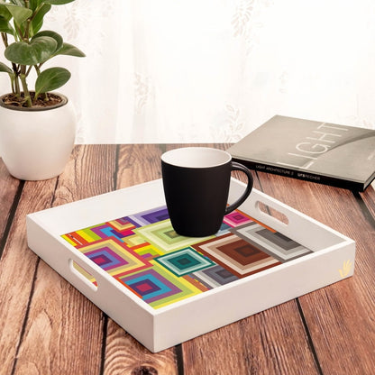 Colourful Squares Serving Tray with Cutout Handles (Wood) 12" x 12"