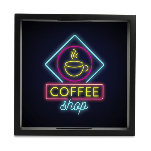 Neon Coffee Serving Tray with Cutout Handles (Wood) 9" x 9"