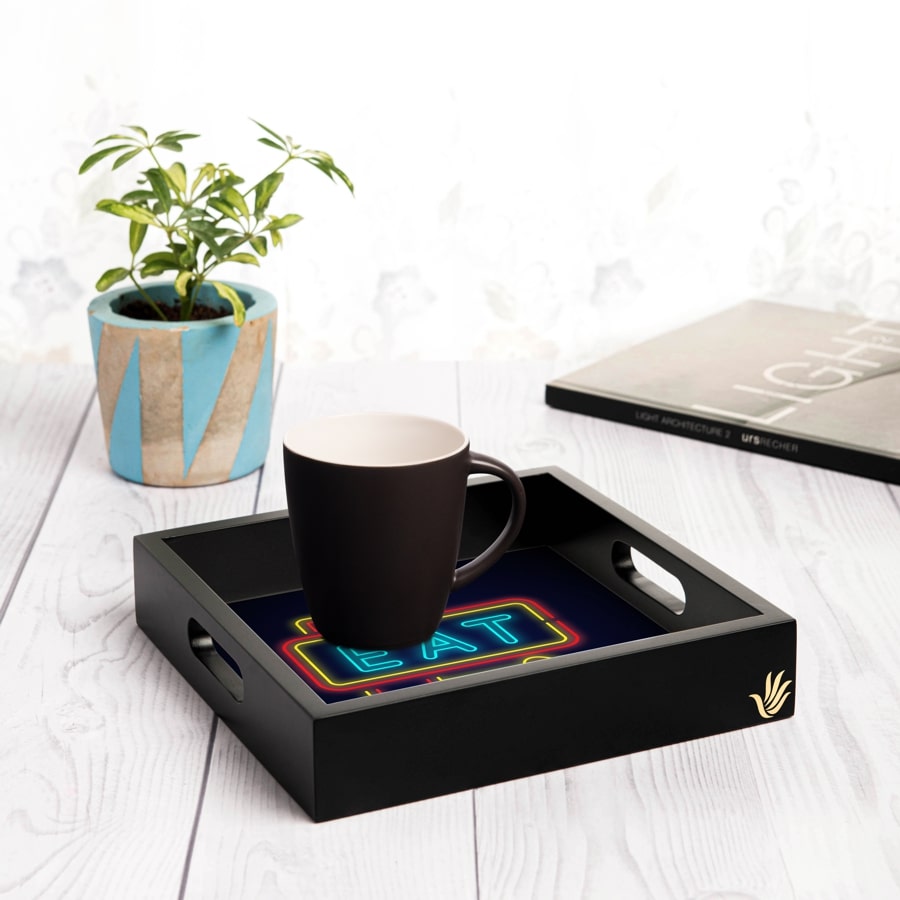 Neon Eat Serving Tray with Cutout Handles (Wood) 9" x 9"
