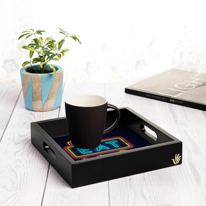 Neon Eat Serving Tray with Cutout Handles (Wood) 9" x 9"