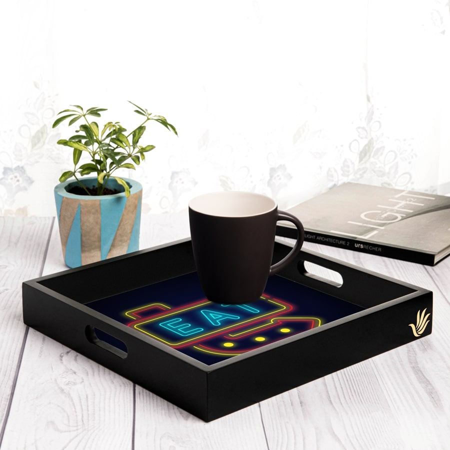 Neon Eat Serving Tray with Cutout Handles (Wood) 12" x 12"